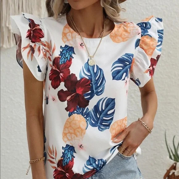Boho Floral Tropical Print Butterfly Sleeve Top Blouse - Picture 2 of 4